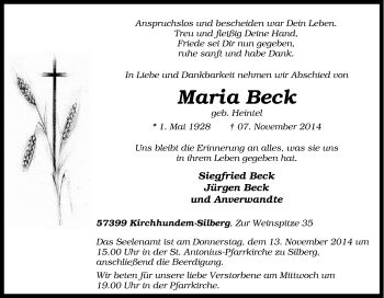 Traueranzeige von Maria Beck von Tageszeitung
