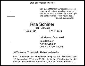 Traueranzeige von Rita Schäfer von Tageszeitung