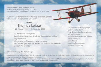 Traueranzeige von Thomas Leisse von Tageszeitung