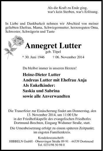 Traueranzeige von Annegret Lutter von Tageszeitung