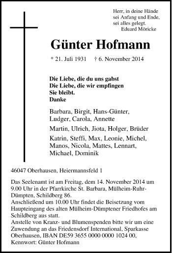Traueranzeige von Günter  Hofmann von Tageszeitung