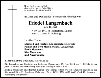 Traueranzeige von Friedel  Langenbach von Tageszeitung
