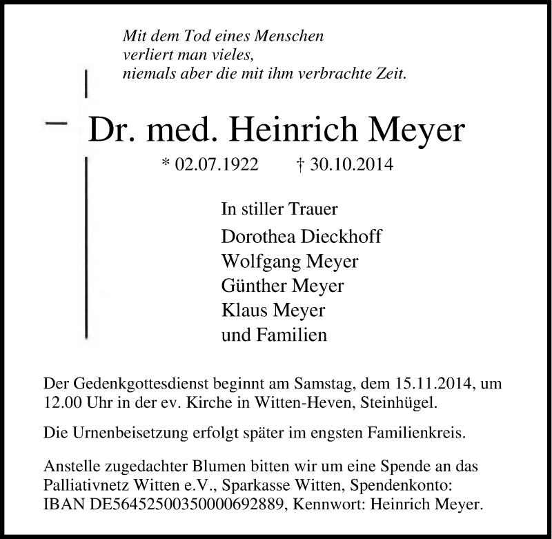  Traueranzeige für Heinrich Meyer vom 10.11.2014 aus Tageszeitung