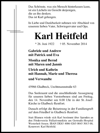 Traueranzeige von Karl  Heitfeld von Tageszeitung