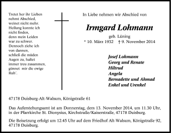 Traueranzeige von Irmgard  Lohmann von Tageszeitung
