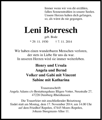 Traueranzeige von Leni Borresch von Tageszeitung