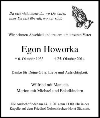 Traueranzeige von Egon Howorka von Tageszeitung