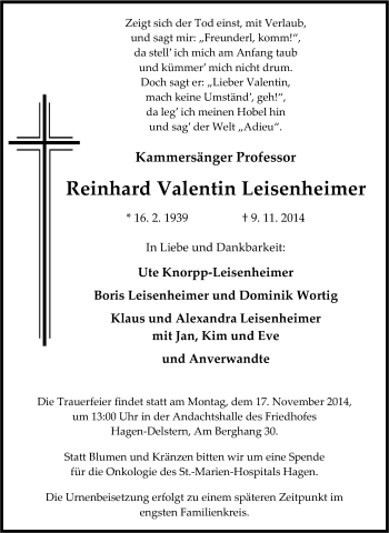Traueranzeige von Reinhard Valentin Leisenheimer von Tageszeitung