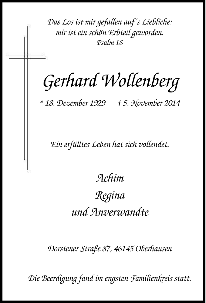  Traueranzeige für Gerhard Wollenberg vom 14.11.2014 aus Tageszeitung