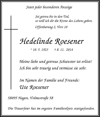 Traueranzeige von Hedelinde Roesener von Tageszeitung