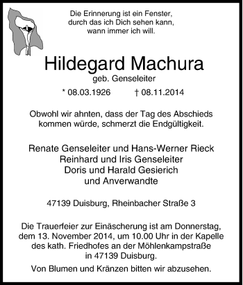 Traueranzeige von Hildegard Machura von Tageszeitung