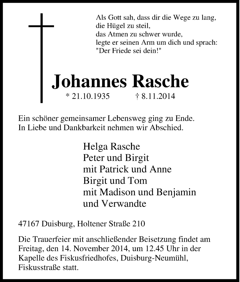  Traueranzeige für Johannes Rasche vom 11.11.2014 aus Tageszeitung