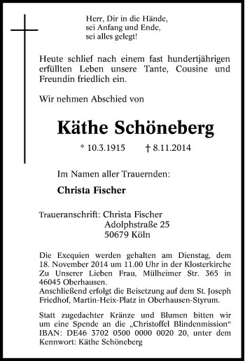Traueranzeige von Käthe Schöneberg von Tageszeitung