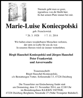 Traueranzeige von Marie-Luise Koniecpolski von Tageszeitung