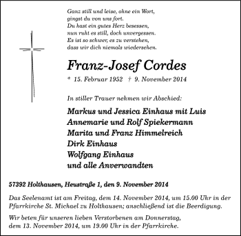 Traueranzeige von Franz-Josef Cordes von Tageszeitung