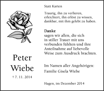 Traueranzeige von Peter Wiebe von Tageszeitung
