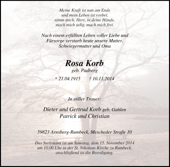 Traueranzeige von Rosa Korb von Tageszeitung