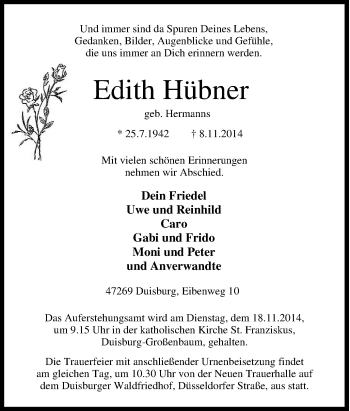 Traueranzeige von Edith Hübner von Tageszeitung