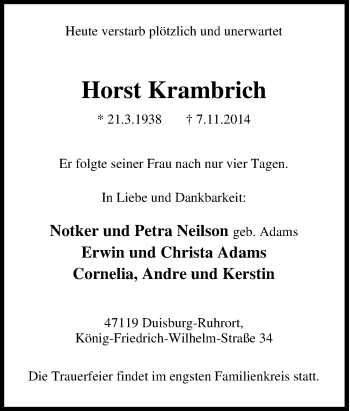 Traueranzeige von Horst Krambrich von Tageszeitung