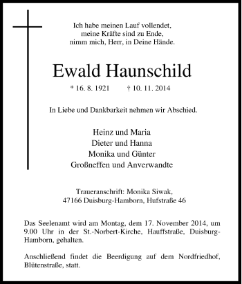 Traueranzeige von Ewald  Haunschild von Tageszeitung