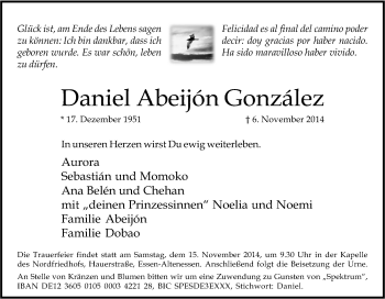 Traueranzeige von Daniel Abeijón González von Tageszeitung