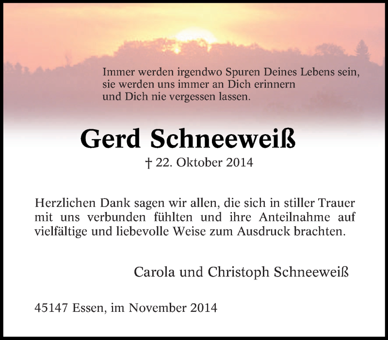  Traueranzeige für Gerd Schneeweiß vom 15.11.2014 aus Tageszeitung