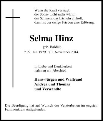 Traueranzeige von Selma Hinz von Tageszeitung