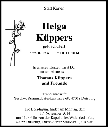 Traueranzeige von Helga Küppers von Tageszeitung