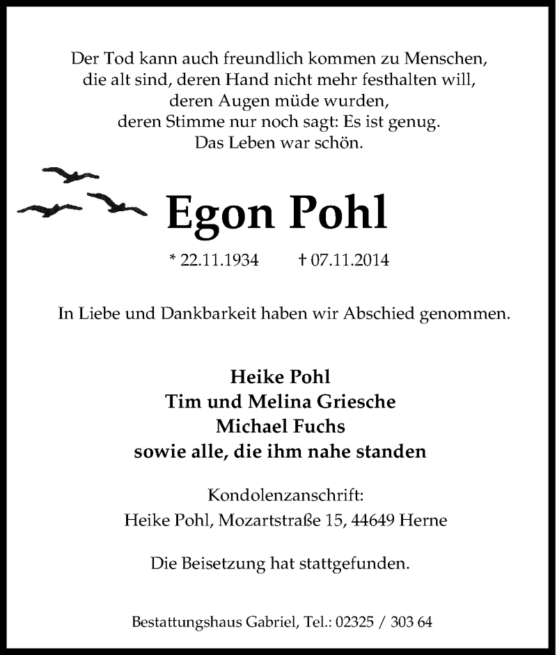 Traueranzeigen von Egon Pohl TrauerinNRW.de