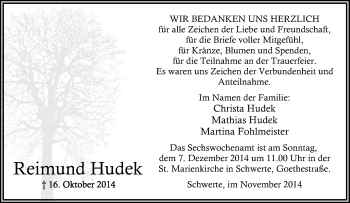 Traueranzeige von Reimund Hudek von Tageszeitung