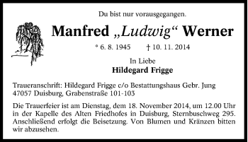 Traueranzeige von Manfred Ludwig Werner von Tageszeitung