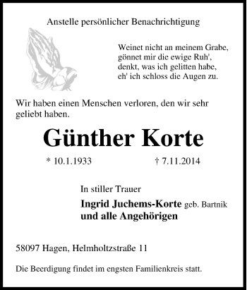 Traueranzeige von Günther Korte von Tageszeitung