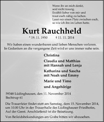 Traueranzeige von Kurt Rauchheld von Tageszeitung