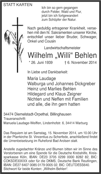 Traueranzeige von Wilhelm Behlen von Tageszeitung