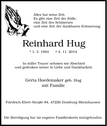 Traueranzeige von Reinhard Hug von Tageszeitung