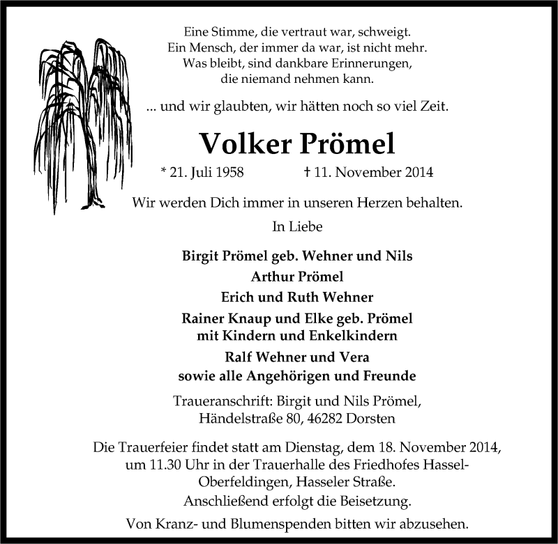  Traueranzeige für Volker Prömel vom 14.11.2014 aus Tageszeitung