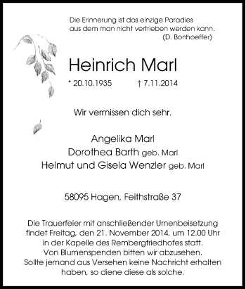 Traueranzeige von Heinrich Marl von Tageszeitung