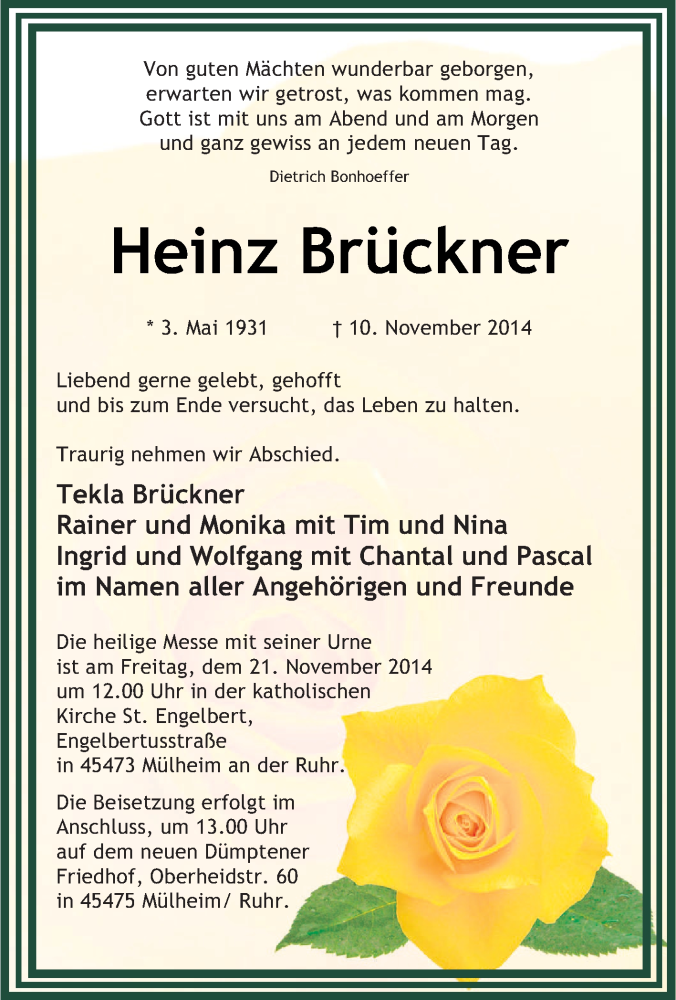 Traueranzeige für Heinz Brückner vom 15.11.2014 aus Tageszeitung