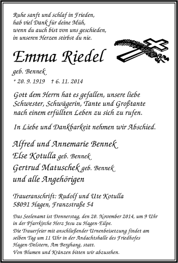 Traueranzeige von Emma Riedel von Tageszeitung