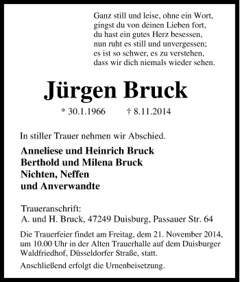 Traueranzeige von Jürgen Bruck von Tageszeitung