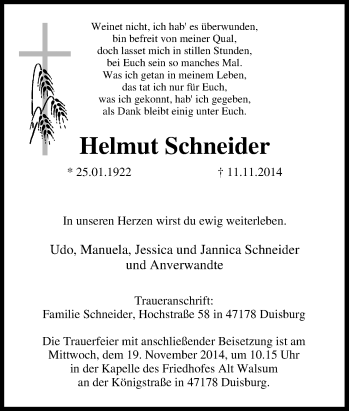 Traueranzeige von Helmut Schneider von Tageszeitung