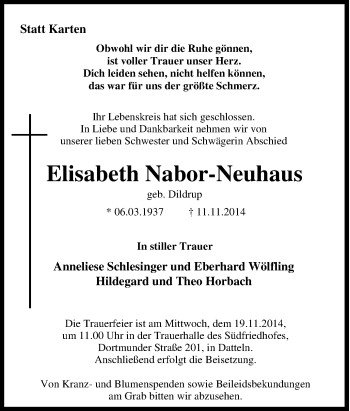 Traueranzeige von Elisabeth Nabor-Neuhaus von Tageszeitung