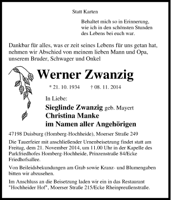 Traueranzeige von Werner Zwanzig von Tageszeitung