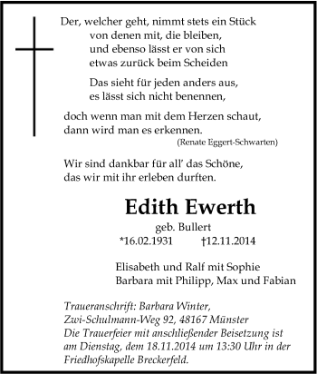 Traueranzeige von Edith Ewerth von Tageszeitung