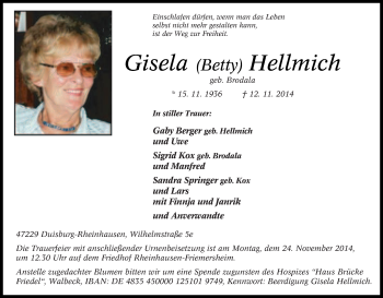 Traueranzeige von Gisela  Hellmich von Tageszeitung