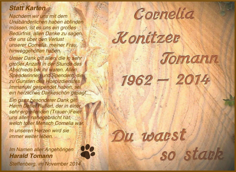  Traueranzeige für Cornelia Konitzer Tomann vom 15.11.2014 aus Tageszeitung