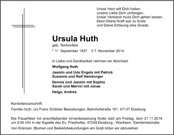Traueranzeige von Ursula Huth von Tageszeitung