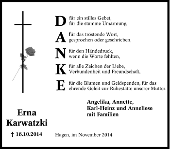 Traueranzeige von Erna Karwatzki von Tageszeitung