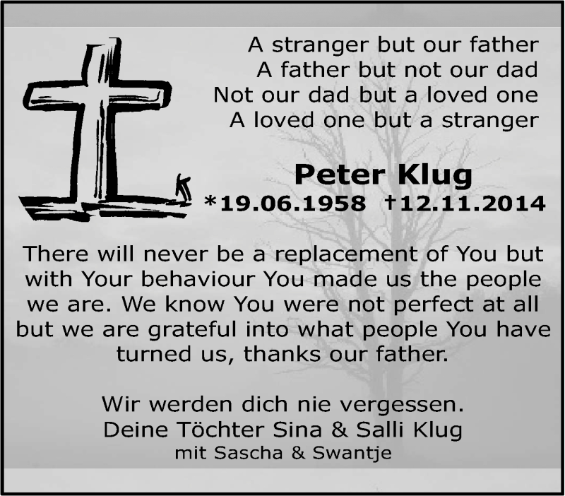  Traueranzeige für Peter Klug vom 17.11.2014 aus Tageszeitung