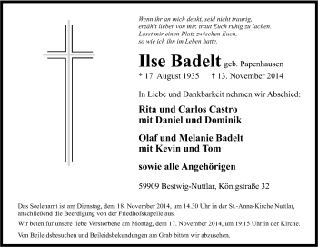 Traueranzeige von Ilse Badelt von Tageszeitung